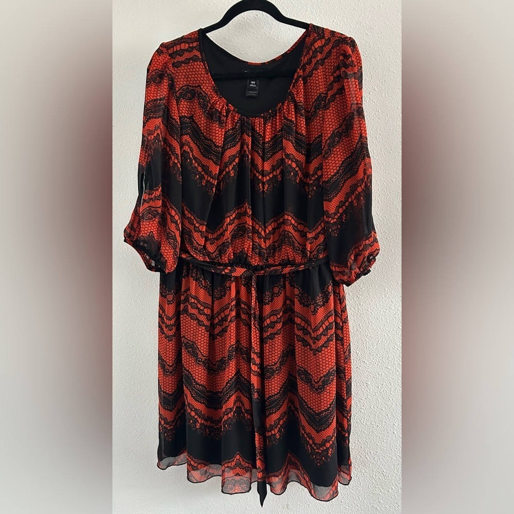 Enfocus Studio Orange and Black Printed Long Sleeve Dress